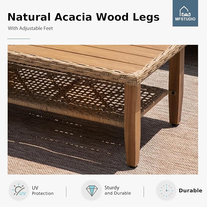 MFSTUDIO L Shaped Outdoor Couch Set, Wicker Patio Furniture Set, Rattan Outdoor Sectional Sofa with Acacia Wood Coffee Table, 3 Pieces Small Patio Conversation Set for Backyard, Beige