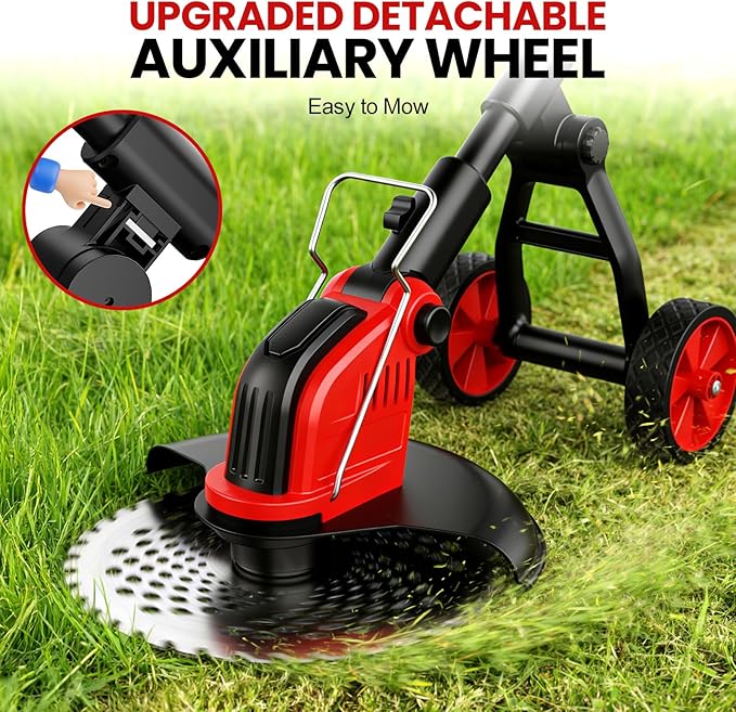 12-Inch Cordless Weed Wacker, 2x3.0Ah 21V Battery Powered Weed Eater with Wheels, 800W Brushless Motor, Electric Lawn Mower with 4 Types Blades, 20000RPM Brush Cutter Grass Trimmer for Garden Yard