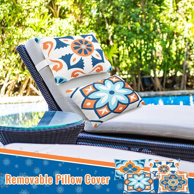 Juexica 4 Pack Chaise Lounge Headrest Pillow, Decorative Outdoor Patio Neck Headrest Pillow with Adjustable Elastic Strap & Insert, Waterproof for Pool Recliner Beach Hammock Chair (Orange, Floral)