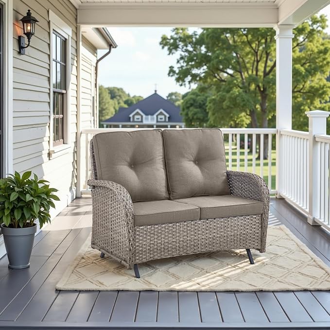 Belord Outdoor Glider Bench Patio Loveseat - 500 Lbs Weight Capacity 2 Seater Wicker Sofa, Small Porch Glider Furniture All Weather Rattan Couch with Removble Cushion for Deck Balcony Backyard Gray