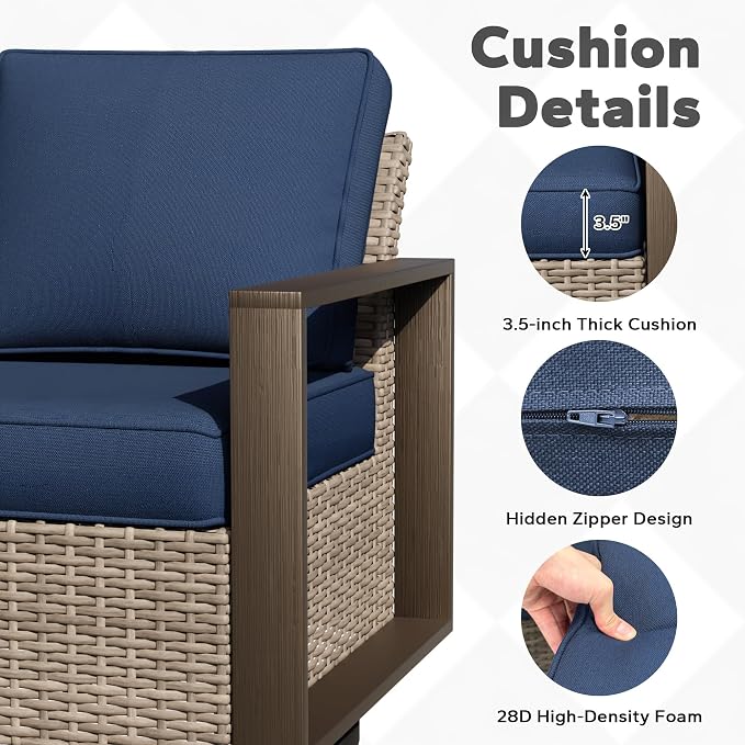 Joyside Outdoor Patio Chairs, 8 Pieces Wicker Rattan Furniture Set, 4 Patio Chairs, 1 Sofa, 2 Ottoman and 1 Table, Metal Wide Armrest, Thick Cushions and Deep Seating for Garden, Backyard, Porch
