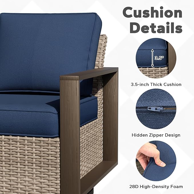 Outdoor Patio Swivel Rocker Chairs, 8 Pieces Wicker Furniture Set, 4 Swivel Rocking Chairs, 1 Sofa, 2 Ottoman and 1 Table, Wide Armrest, Thick Cushions and Deep Seating for Garden, Backyard, Porch