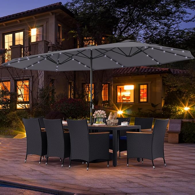 Tangkula 11 Pieces Patio Dining Set with Double-Sided Led Patio Umbrella (Base Included), with 8 Stackable Chairs, Acacia Wood Dining Table and Large Umbrella with Solar Lights (Grey + Navy)