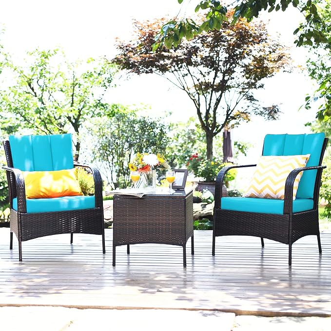 Tangkula 3 Piece Patio Furniture Set, 2 Wicker Chairs with Glass Top Coffee Table, Outdoor Garden Porch Poolside Furniture Set for 2, Rattan Conversation Set