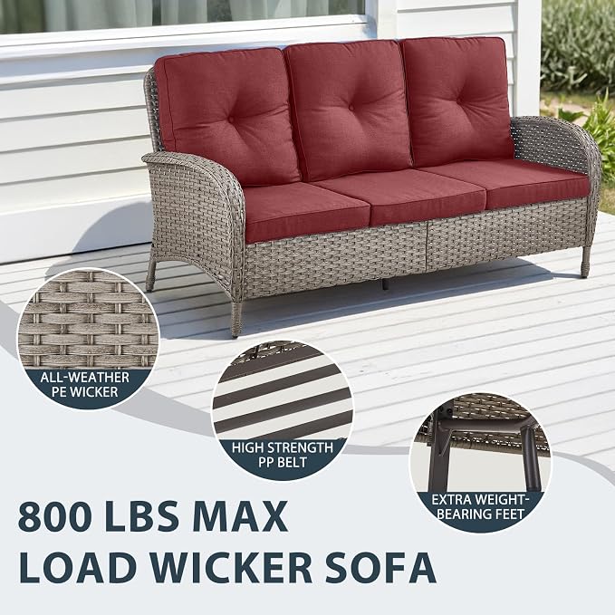 6 Piece Patio Furniture Set - Wicker Patio Conversation Set with Swivel Glider, 3-Seater Sofa, Tempered Glass Side Table and 2 Ottomans for Deck Backyard - Grey Wicker Red Cushion