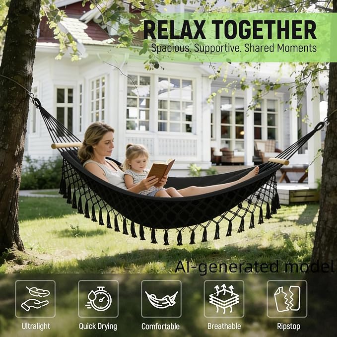 Bohemian Canvas Hammock with Tassels, Brown, 79"x39" | Soft Breathable Cotton Canvas Hammock,79x39in,2 Hanging Straps Wooden Bar;3 colors,compact for students renters dorm balcony