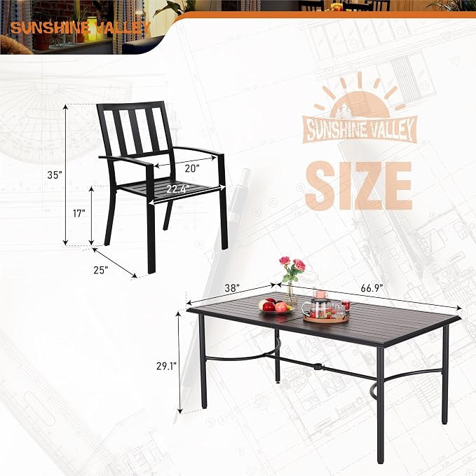 SUNSHINE VALLEY 7 Piece Patio Dining Set for 6, 67x38 Wood-Like Metal Table with Umbrella Hole and 6 Pcs Rust-Proof Stackable Chairs, Outdoor Table and Chairs Set for Backyard Garden Deck (Style 1)