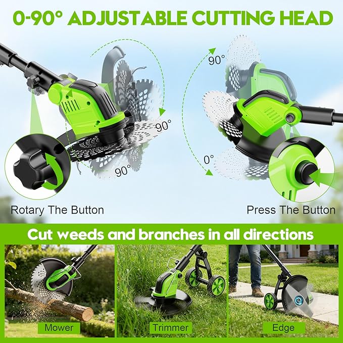 20000 RPM Electric Weed Eater Battery Powered 6000mAh, 12″ Brushless Electric Weed Wacker Cordless Wheeled Edger Trimmer, 4-in-1 Brush Cutter Heavy Duty/String Trimmer/Lawn Mower Edger, 2 Battery Tool