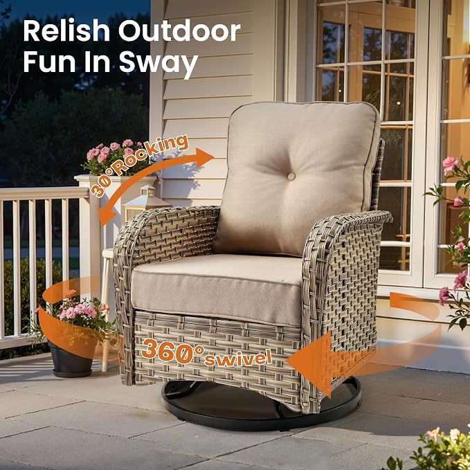 ovios 9 Piece Patio Sectional Furniture with Swivel Rocking Chairs, Rattan Wicker Coversation Couch Set, Outdoor Sofa Set for Outside Porch Balcony Backyard Pool, Beige