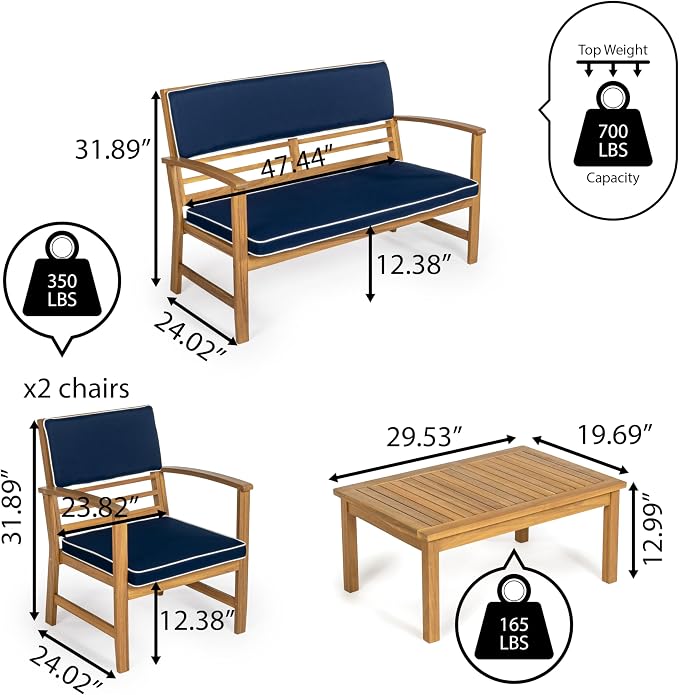 JONATHAN Y Barclay Modern 4-Piece Acacia Wood Outdoor Patio Set, Conversation Seating Group with Removable Cushions and Coffee Table for Backyard, Porch, Garden, Poolside, Navy LVG1000C-4SET