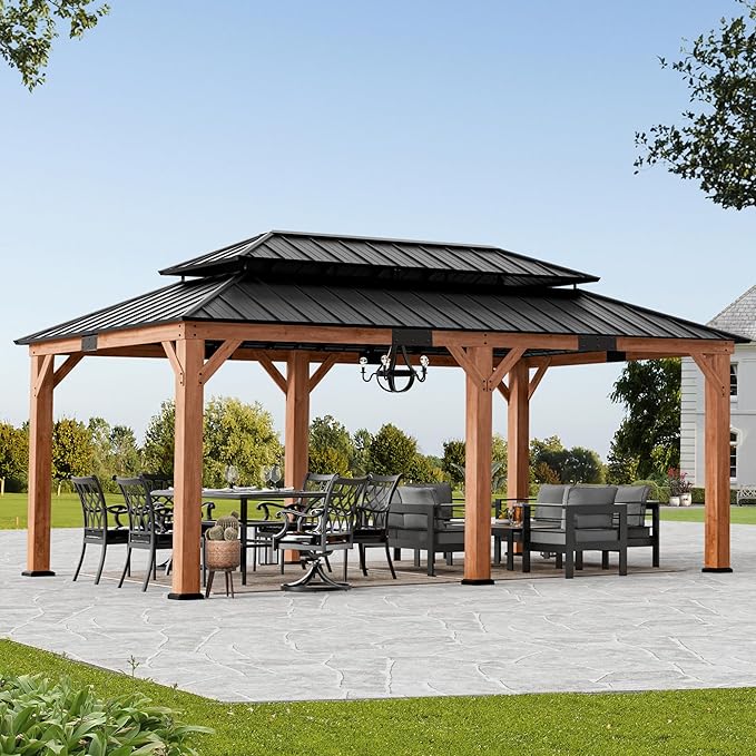 Modern Shade Rosewood Wood Gazebo 12' x 20', Hardtop Gazebo Permanent with Double Galvanized Steel Roof, Cedar Outdoor Gazebo with Sturdy Hooks for Garden, Backyard, Patio, and Deck