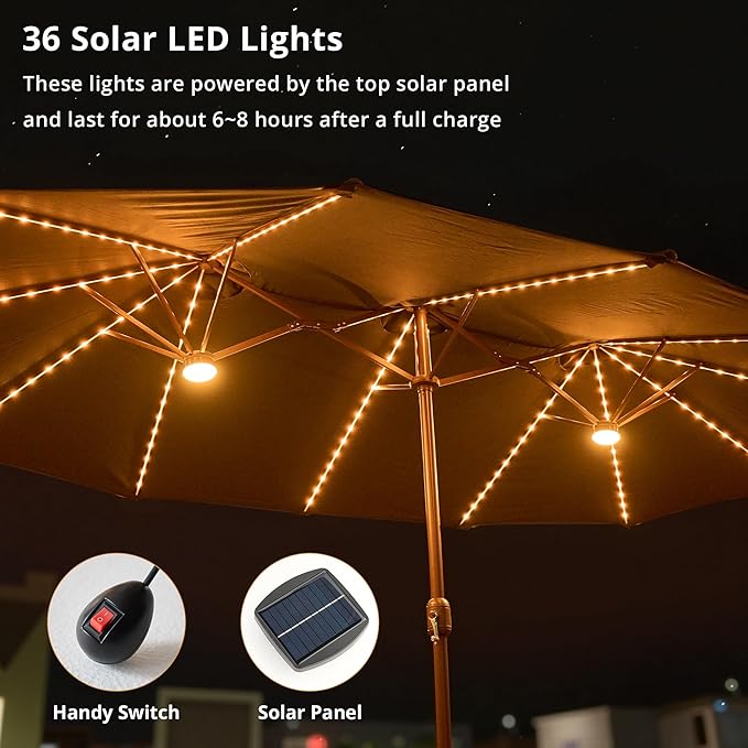 15ft Large Patio Umbrellas with Base & Solar Lights,Outdoor Rectangle Double-Sided Market Umbrella with Stand & 38 LED Lights,Outside Umbrellas for Poolside Deck Backyard (Blue)