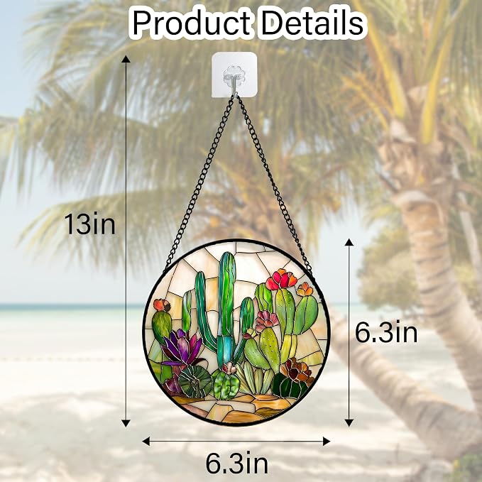 DASTOLL Stained Glass Window Hanging, White Green Cactus Suncatcher Diamond Glass Panel Hangings Sun Catchers Decor for Birthday for Women, Men, Wife, Aunt, and Mom 6.3 in