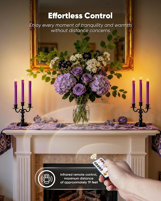 Homemory 6 Pcs Real Wax Purple Flameless Taper Candles with Remote Timer, 9.6 Inches LED Fake Candlesticks, LED Candle with 3D Flickering Flame for Romantic Wedding, Dinner, Xmas Anniversary Decor
