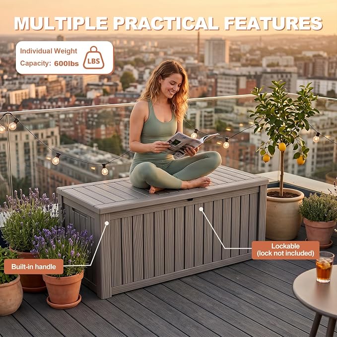 EFU Outdoor Storage Box 180 Gallon Deck Box (Indoor & Outdoor) Lockable UV Resistance Waterproof Resin Storage Bin Storage Box for Outdoor,Patio Storage With Support Rod(Taupe)