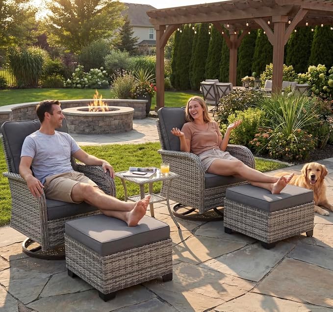 Outdoor Patio Furniture Set Patio Rocking Swivel Chair with Tempered Glass Side Table, Outdoor Wicker Rattan Bistro Set with Ottomans for Garden, Deck, and Balcony, Grey