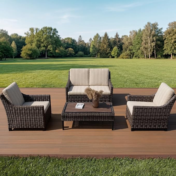 Wicker Patio Conversation Set, Outdoor Patio Chair Set with Deep Seating, Wide Armrests & Thick Cushions, All-Weather Outdoor Furniture Set for Patio, Porch, Deck & Backyard