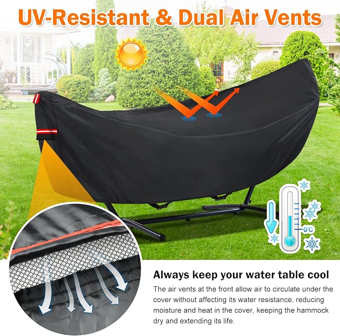 Waterproof 10 FT Hammock Cover, 210T Sun Rain UV Dust Snow Protection Outdoor Hammock Covers with Windproof Straps & Soft Cotton Lining for 10ft Stand