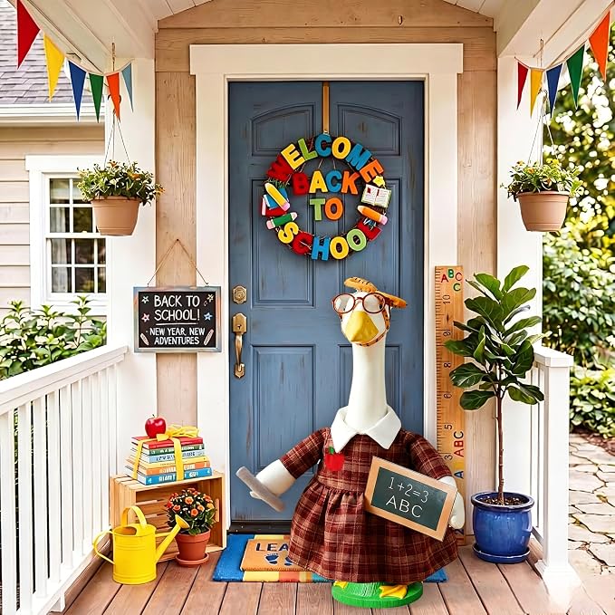 Back to School Porch Goose Outfit – Teacher Costume Set with Ruler Headpiece, Glasses, Plaid Skirt, Exam Papers & Chalkboard Prop for 23'' H Plastic/Cement Statues, Classroom Yard Garden Decor