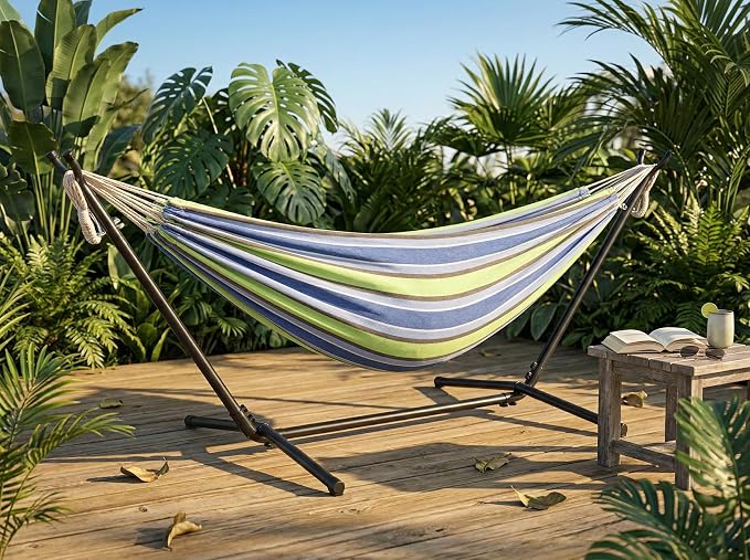 103 Inch Portable Hammock with Stand Included, Heavy Duty Steel Frame with Comfortable Polyester Striped Swing Bed, Carrying Bag for Patio, Garden, Backyard, Indoor & Outdoor (Style B)