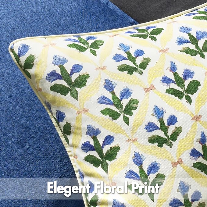 MIULEE Outdoor Floral Pillow Covers Waterproof 18x18 Yellow-Blue | Decorative Block Print,Boho Farmhouse, Set of 2 Coastal Summer Cushion Covers with Piping,Garden Patio Furniture Porch Couch