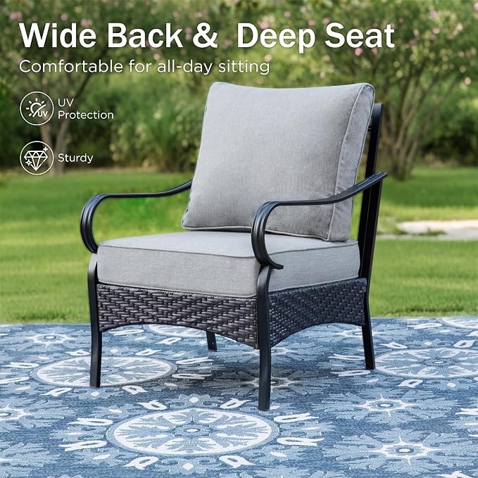 PHI VILLA Outdoor Modern Patio Furniture Set, Upgraded Wicker & Metal Patio Furniture Conversation Set with Waterproof Thick Cushions for Porch, Poolside, Yard (4 Pieces,Grey)