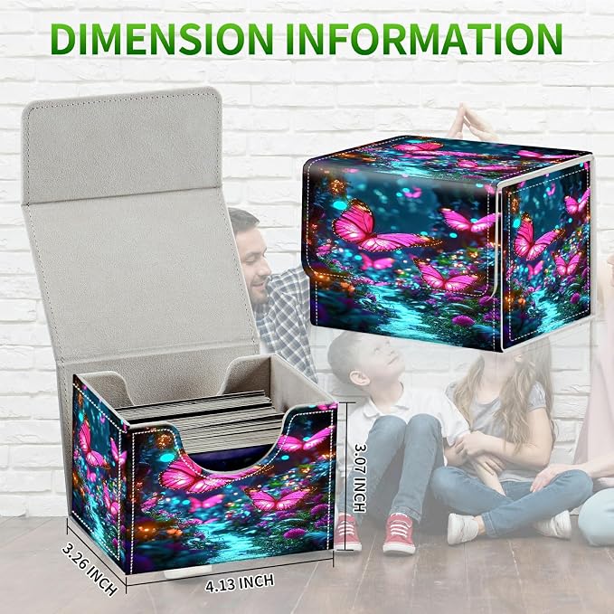 Card Deck Box for MTG, Cards Storage Box Fits 120+ Sleeved, Leather Small Size Strong Magnetic Closing Card Case for Board Games Magic TCG CCG Baseball Collection, Pink Butterfly Forest