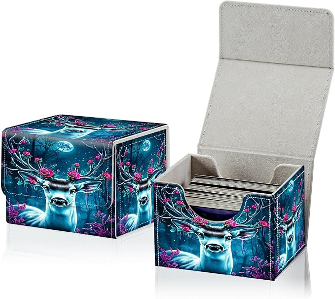 Card Deck Box for MTG, Cards Storage Box Fits 120+ Sleeved, Leather Small Size Strong Magnetic Closing Card Case for Board Games Magic TCG CCG Baseball Collection, Forest Flowers Deer