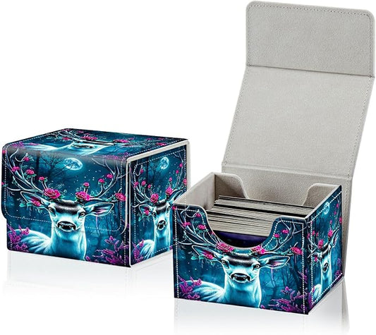 Card Deck Box for MTG, Cards Storage Box Fits 120+ Sleeved, Leather Small Size Strong Magnetic Closing Card Case for Board Games Magic TCG CCG Baseball Collection, Forest Flowers Deer
