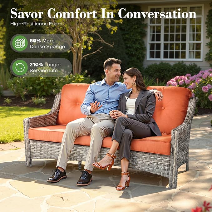 ovios 4 Piece Outdoor Patio Furniture with 3 Seat Sofa,Rattan Wicker Coversation Set with High Back,Sectional Single Sofa with Ottoman for Outside Porch Balcony Backyard Pool, Red