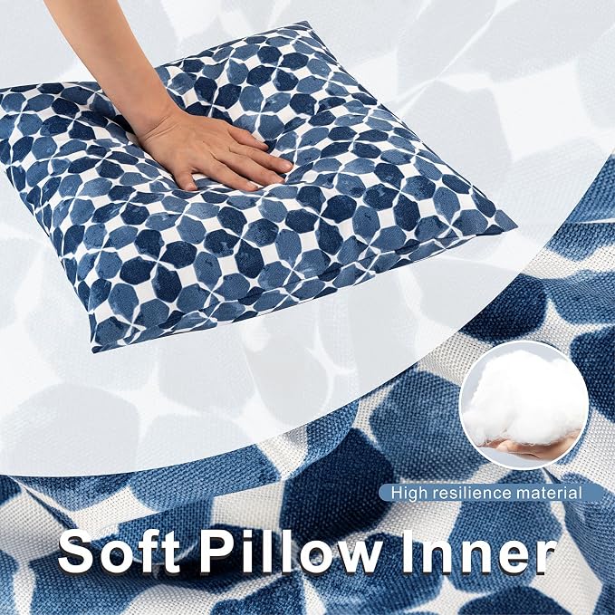 JMGBird Blue Outdoor Pillows Waterproof 18x18 Throw Pillows with Inserts | Blue Diamond Petal Pattern UV Fade Resistant Patio Cushions