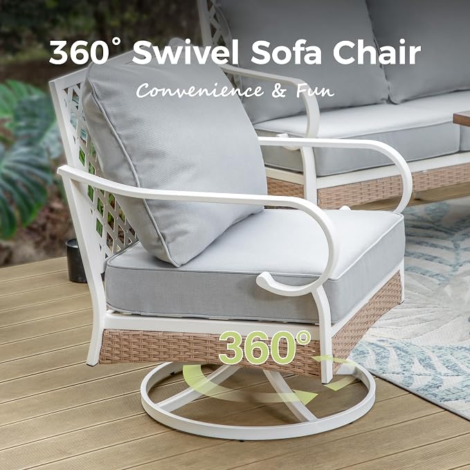 MIXPATIO 6 Piece Patio Furniture Set, 2 x Fixed Chair, 2 x Swivel Chair, 1 x 3-Seat Sofa with Marbling Coffee Table, 7 Seats Outdoor Conversation Set for Lawn Garden Backyard, Light Gray