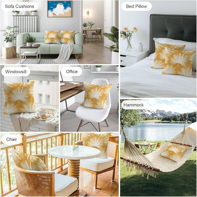 Throw Pillow Covers 18x18 Inch Set of 2, Golden Yellow Palm Leaves Waterproof Outdoor Pillow Covers, Summer Tropical Botanical Decorative Cushion Pillowcases for Couch, Sofa, Bed, Garden, Patio