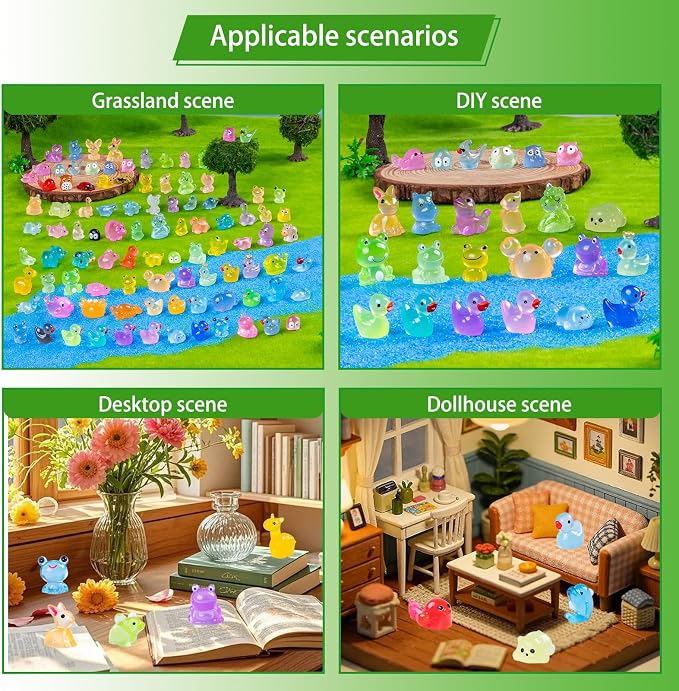 100 Pcs Glow in The Dark Mini Resin Animals - 50 Styles Bulk Tiny Animals Figures for Fairy Garden,Aquarium Decor,Party Favors,DIY Craft Trinkets