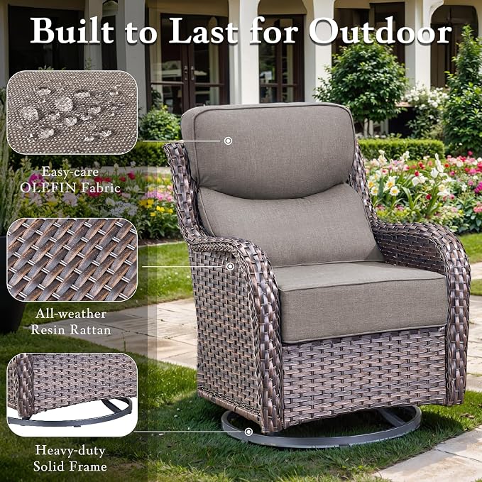 Luxury High Back Outdoor Furniture with 6-inch Extra Thick Cushions, Patio Furniture Set with Fire Pit Table & Swivel Chairs, 7 PCS Wicker Conversation Set for Patio, Yard, Deck, Poolside, Brown/Grey