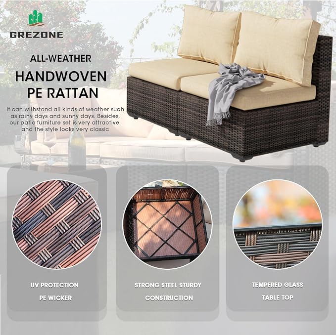 Grezone 15 Piece Patio Furniture Set with 44" Fire Pit Table, Outdoor Sectional Couch, PE Rattan Patio Conversation Sets with 4inch Cushions for Backyard Beige