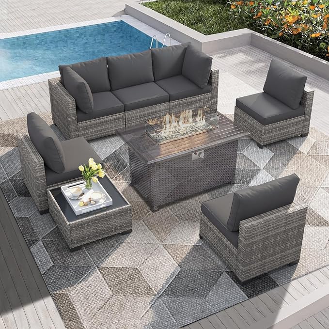 7 Pieces Outdoor Patio Furniture Set, All-Weather Sectional Sofa | Dark Grey Wicker Conversation Set with Glass Table and Cushions | PE Rattan Weaving | Ideal for Patio, Pool, Balcony