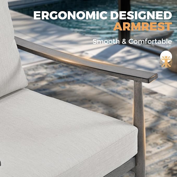 HAPPATIO Patio Outdoor Furniture Set - 6 Pieces Aluminum Outdoor Conversation Set with 1 Cushioned Loveseat, 1 Coffee Table, 2 Swivel Chairs, and 2 Ottomans for Yard, Porch, and Deck (Grey)