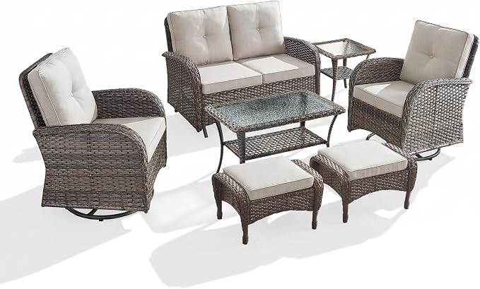 7 Piece Patio Furniture Set - Wicker Patio Conversation Set with Swivel Glider, Glider Loveseat, Tempered Glass Side Table and 2 Ottomans for Deck Backyard - Brown Wicker Beige Cushion
