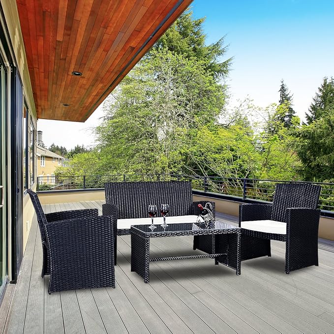 HAPPYGRILL 4pcs Patio Furniture Set Rattan Wicker Conversation Set Outdoor Sofa Wicker Table & Chair Set with Cushions for Garden Lawn Pool Backyard