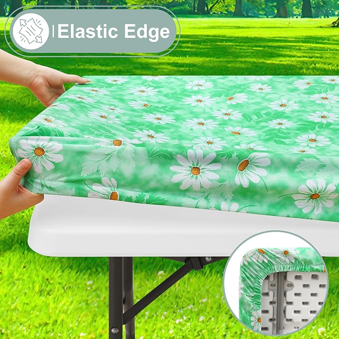 misaya Picnic Table Cover with Bench Cover, Waterproof Elastic Fitted Tablecloth for 8 Foot Tables, Rectangle Washable Polyester Tablecloths for Picnic, Camping, Outdoor (Green Daisy, 30" x 96")