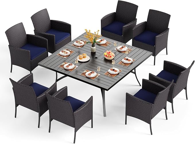 PHI VILLA 9 Pieces Square Outdoor Dining Set for 8, 57” Metal Iron Dining Table & Rattan Wicker Chairs with Cushions, Large Dining Furniture Set for Patio, Deck, Yard, Porch