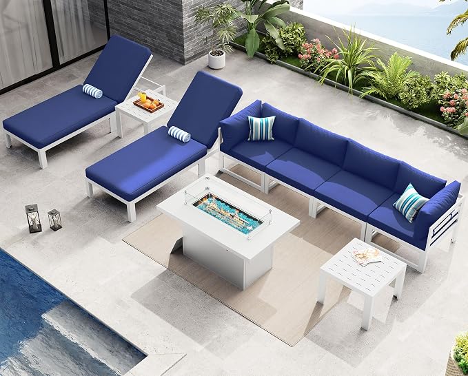 NICESOUL Extra Large Luxury Aluminum Outdoor Sectional Sofa with Chaise, Weather Resistant Modular Patio Furniture Set for 6 People, 500 lbs Heavy Duty Conversation Couch for Poolside Deck, Navy Blue