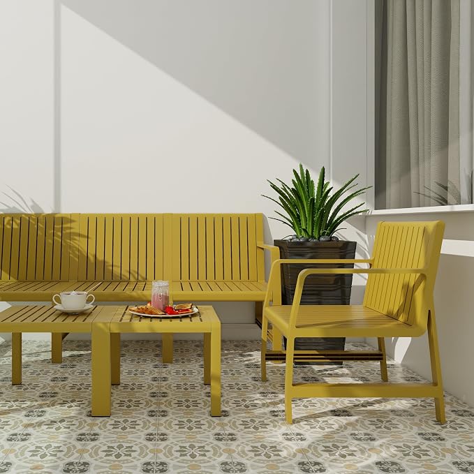 KEIKI 5 PC Outdoor Indoor 3-Seater Sofa,2 Chairs and 2 Coffee Tables PP Furniture Conversation Set Easy Assembly for Patio