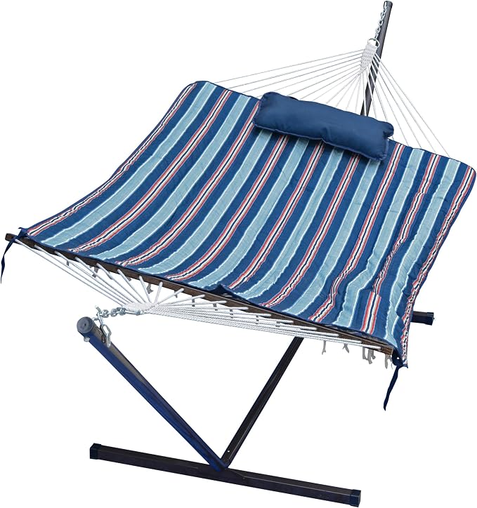 12 Foot Steel Hammock Stand with Cotton Rope Hammock Combo, Quilted Polyester Hammock Pad and Pillow Kingston Stripe