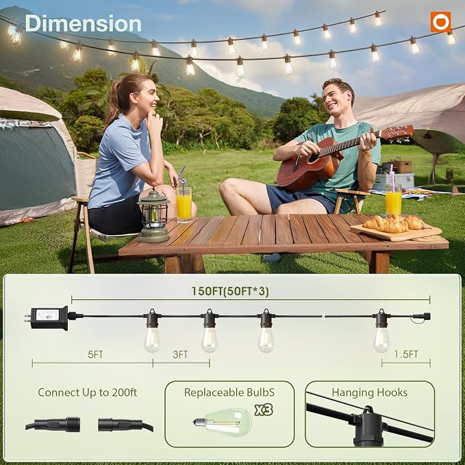 addlon 150FT Outdoor String Lights LED with Remote Dimmable Waterproof | Timer & 3 Lighting Modes, Shatterproof Edison Bulbs, Connectable Hanging Strand for Patio Outside Backyard Porch Party Décor