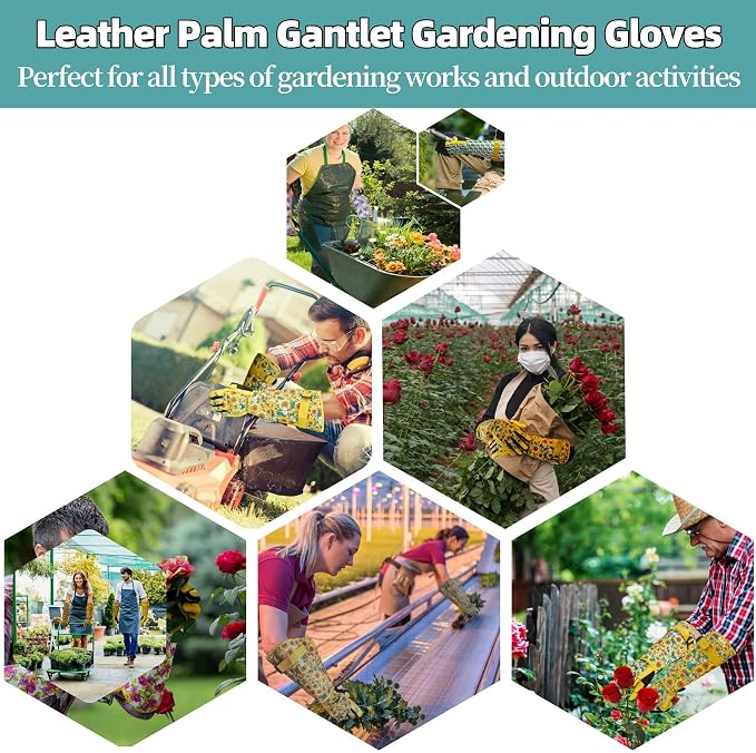 Thornproof Rose&Cactus Gardening Gloves,Gauntlet Garden Glove,Gifts | Canvas,Cute Floral Pattern,Leather Palm,Touchscreen,Durable Material,Garden Gift,Men&Women,Machine Washable,Adjustable Cuff