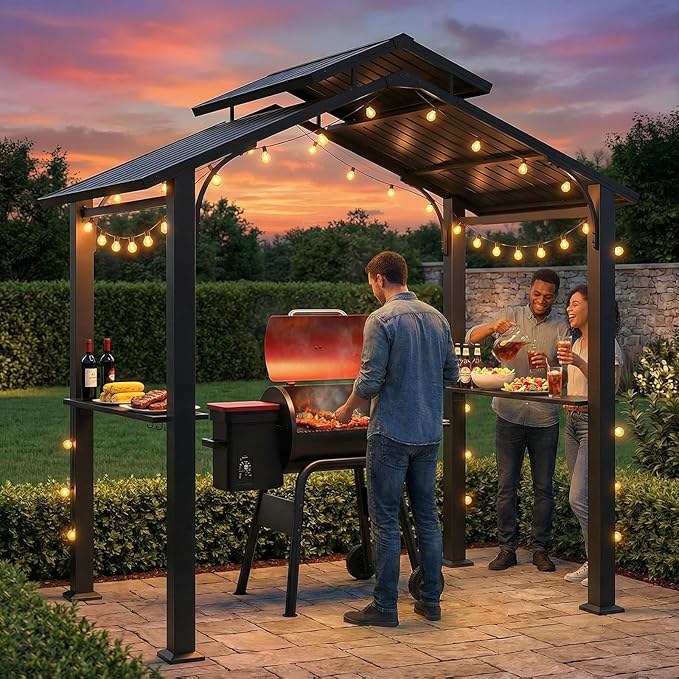 Jocoveol 8 x 5FT Hardtop Grill Gazebo, Outdoor BBQ Gazebo w/Galvanized Steel Double Roof, Metal Grill Canopy w/2 Side Shelves & Hooks, Barbeque Shelter Canopy w/Ceiling Hook for Patio Backyard Garden