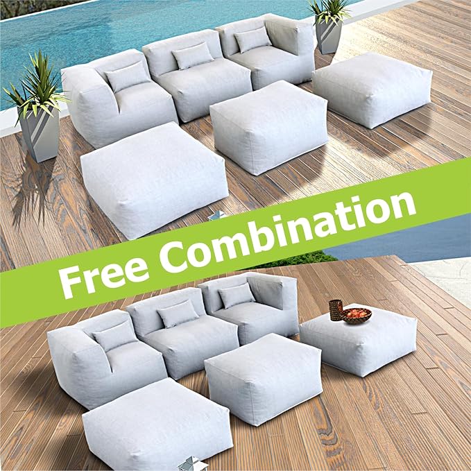 Patio Furniture Set Bean Bag Chairs PortoCervo 6PC Outdoor Chairs Sectional Conversation Patio Set Daybed Furniture Outdoor Sofa Couch High Density Foam Filling Modern Comfy Patio Couch (Light Gray)