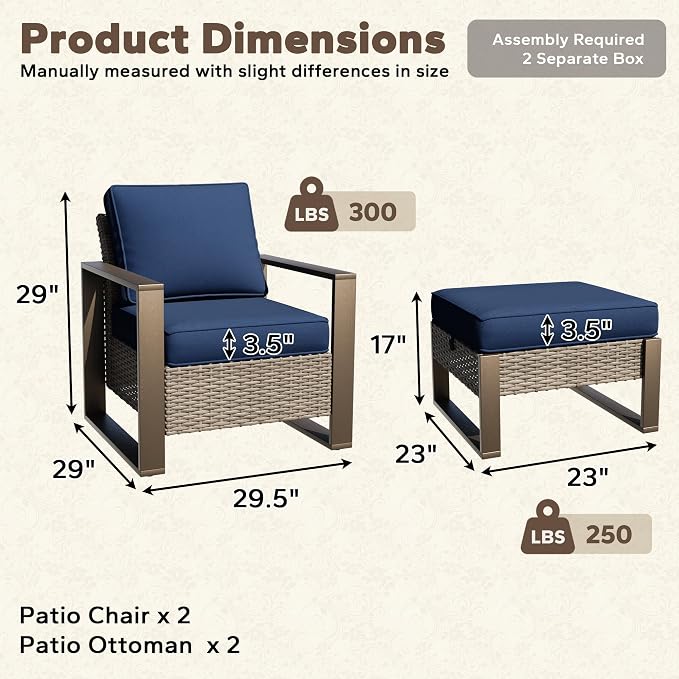 Outdoor Wicker Metal Chairs Set of 2 with Two Ottomans - 4 Pieces Patio Bistro Set with Rectangular Framed Wood-Looking Metal Armrest & Removable Cushions for Poolside, Terrace, Dark Blue